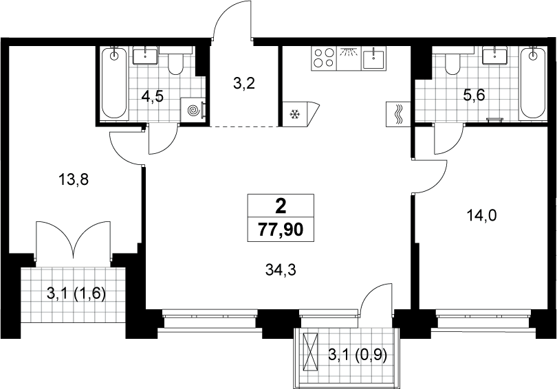 Планировка евротрёшка (3Е) 77.9 м² в ЖК «Хольм», корпус 1.3