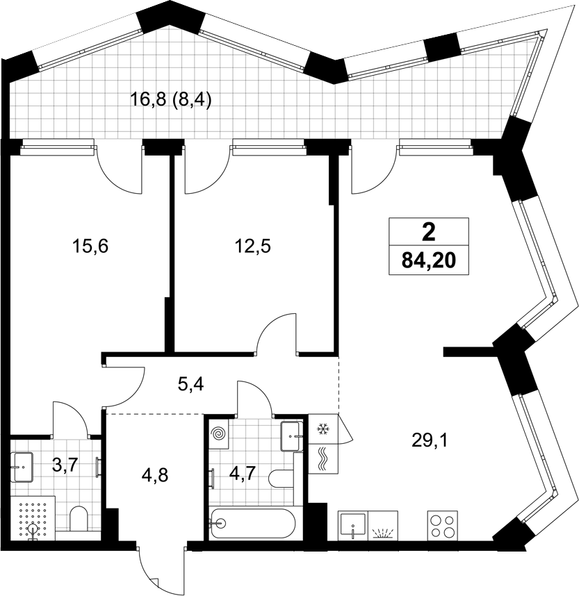 Планировка евротрёшка (3Е) 84.2 м² в ЖК «Хольм», корпус 1.2