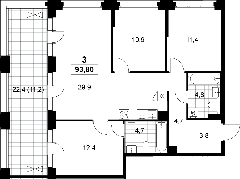 Планировка евро-4 (4Е) 93.8 м² в ЖК «Хольм», корпус 1.3