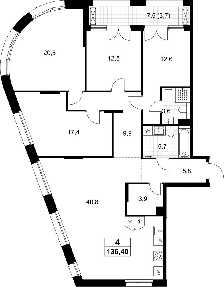 Планировка 5Е-к.кв 136.4 м² в ЖК «Хольм», корпус 1.2