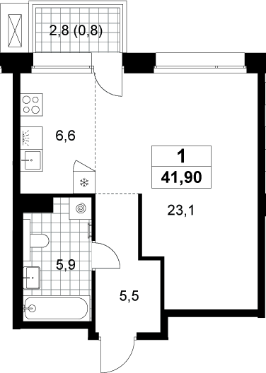 Планировка Студии 41.9 м² в ЖК «Хольм», корпус 1.1