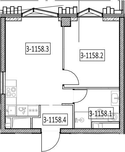 Планировка евродвушка (2Е) 34.9 м² в ЖК «Айс Тауэрс», корпус E