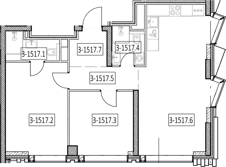 Планировка евротрёшка (3Е) 68.9 м² в ЖК «Айс Тауэрс», корпус E