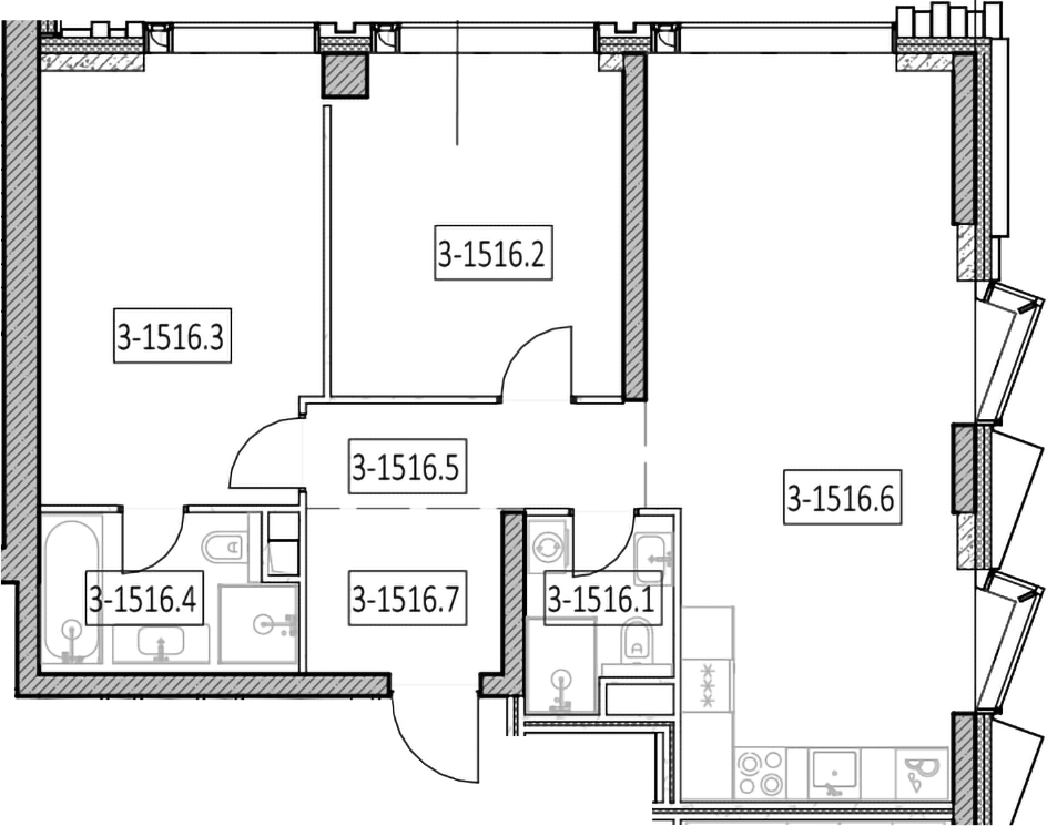 Планировка евротрёшка (3Е) 77 м² в ЖК «Айс Тауэрс», корпус E