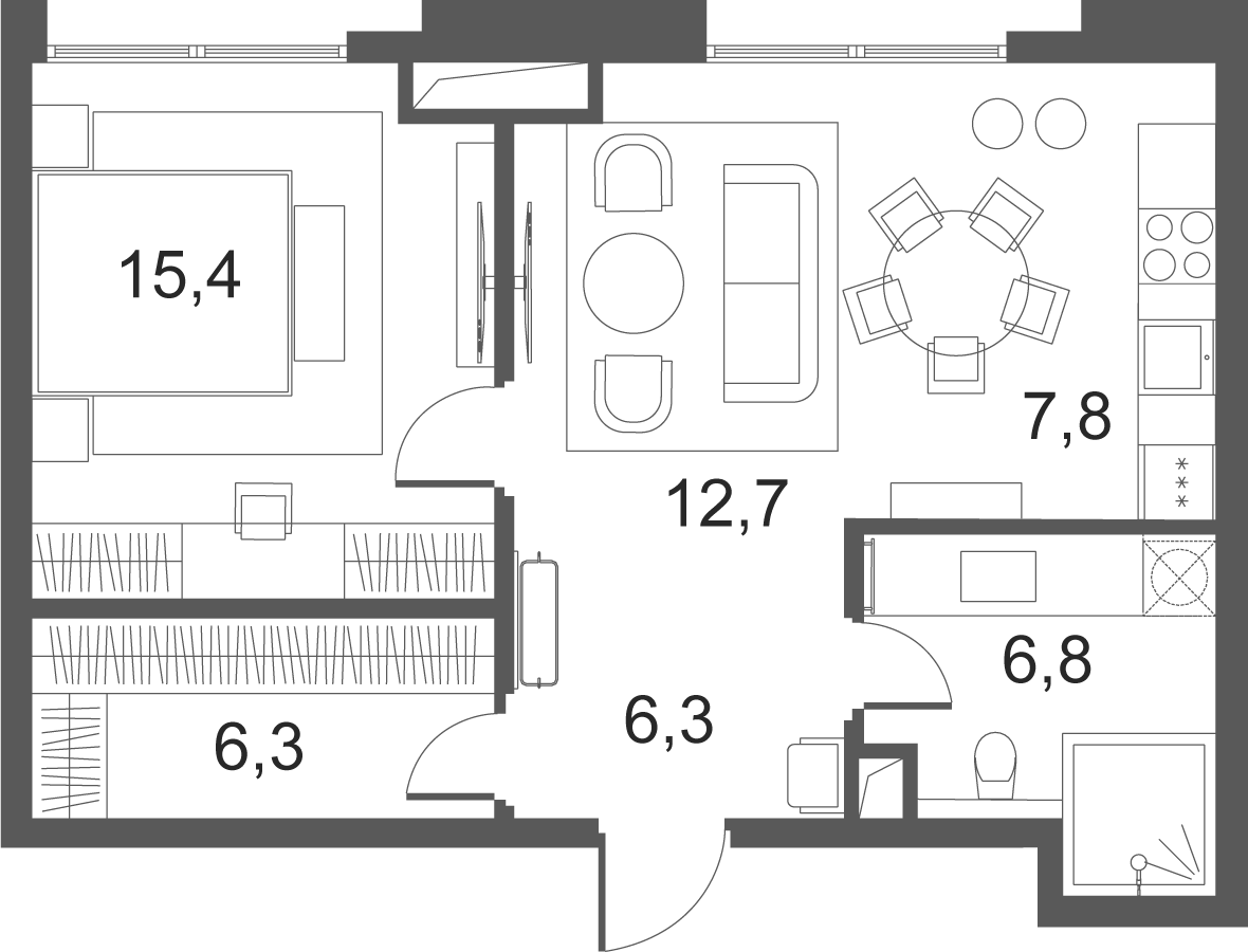 Планировка евродвушка (2Е) 55.2 м² в ЖК «Клубные особняки Ильинка 3/8», корпус Птица Сирин