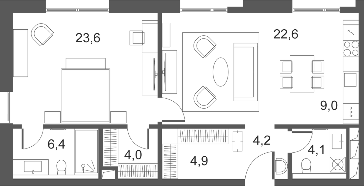 Планировка евродвушка (2Е) 78.9 м² в ЖК «Клубные особняки Ильинка 3/8», корпус Грифон