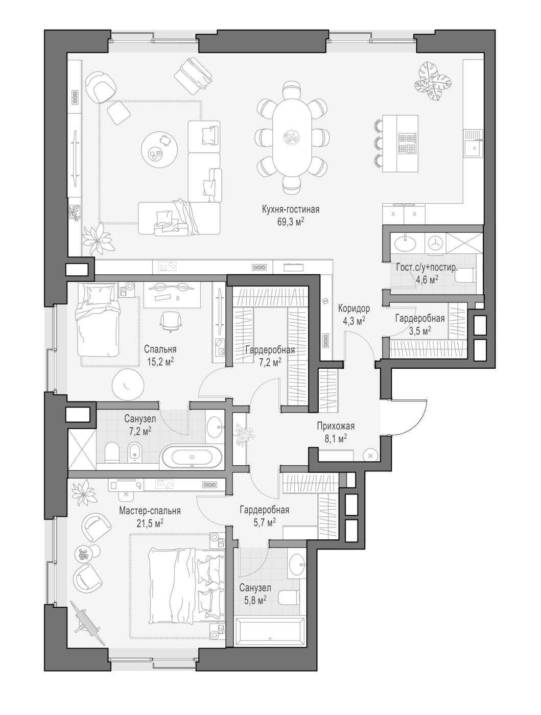 Планировка евротрёшка (3Е) 157 м² в ЖК «Клубные особняки Ильинка 3/8», корпус Пардус