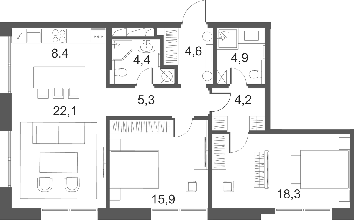 Планировка евротрёшка (3Е) 88.1 м² в ЖК «Клубные особняки Ильинка 3/8», корпус Птица Сирин