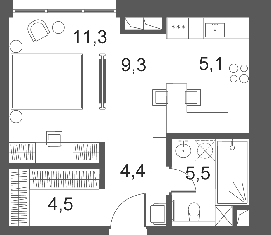 Планировка Студии 40.1 м² в ЖК «Клубные особняки Ильинка 3/8», корпус Птица Сирин
