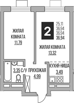 Планировка евродвушка (2Е) 36.94 м² в ЖК «Гранель Ильинойс», корпус 3