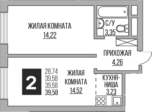 Планировка евродвушка (2Е) 39.58 м² в ЖК «Гранель Ильинойс», корпус 3