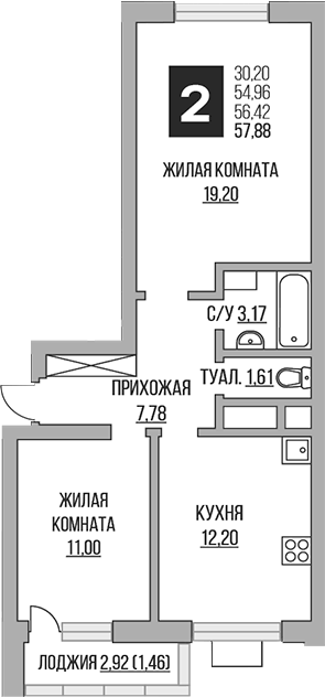 Планировка двухкомнатная 57.88 м² в ЖК «Гранель Ильинойс», корпус 3
