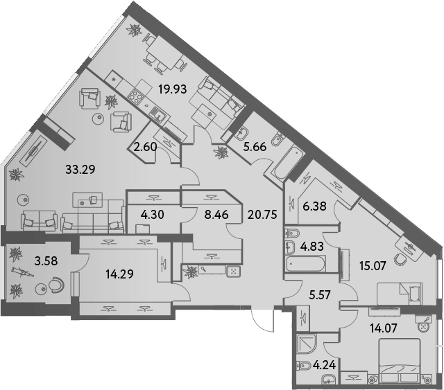 Планировка трёхкомнатная 163.08 м² в ЖК «ILOVE», корпус 3
