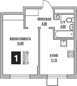 Планировка однокомнатная 35.11 м² в ЖК «Гранель Мытищи», корпус 1.1