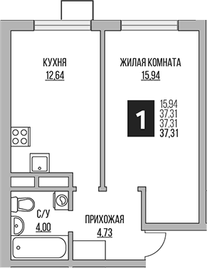 Планировка однокомнатная 37.31 м² в ЖК «Гранель Мытищи», корпус 1.1