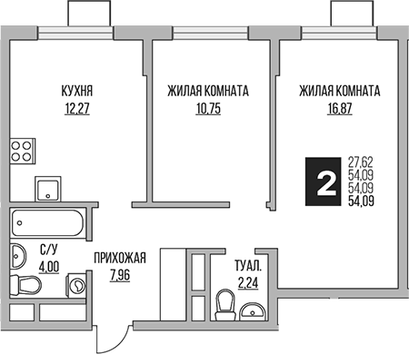 Планировка двухкомнатная 54.09 м² в ЖК «Гранель Мытищи», корпус 1.1
