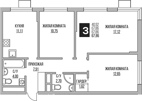 Планировка трёхкомнатная 67.86 м² в ЖК «Гранель Мытищи», корпус 1.1
