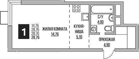 Планировка Студии 28.76 м² в ЖК «Гранель Мытищи», корпус 1.1