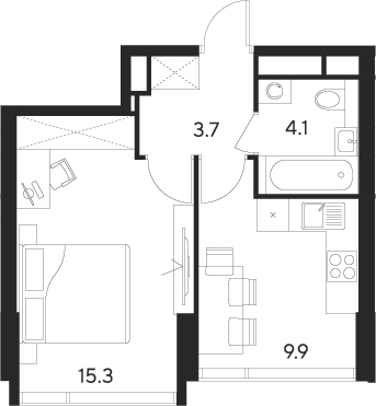 Планировка однокомнатная 33 м² в ЖК «Инди Тауэрз от Аквилон», корпус D2
