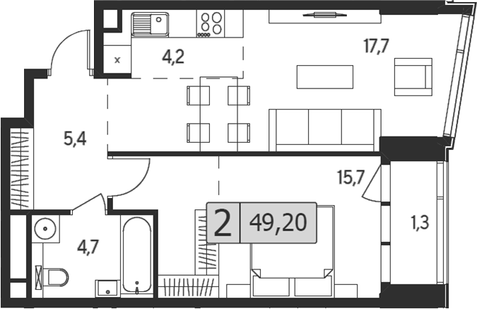 Планировка евродвушка (2Е) 49.2 м² в ЖК «Инди Тауэрз от Аквилон», корпус B