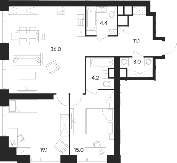 Планировка двухкомнатная 92.8 м² в ЖК «Инди Тауэрз от Аквилон», корпус D1