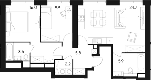 Планировка евротрёшка (3Е) 68.1 м² в ЖК «Инди Тауэрз от Аквилон», корпус D1