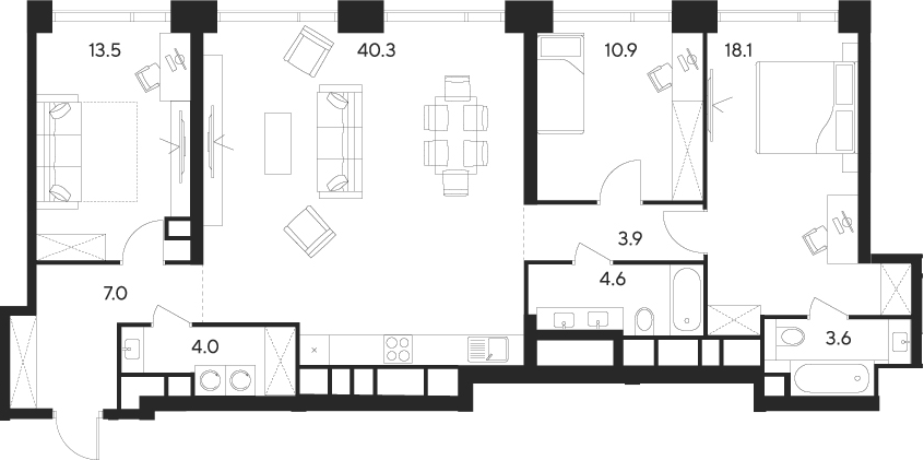 Планировка евро-4 (4Е) 105.9 м² в ЖК «Инди Тауэрз от Аквилон», корпус D1