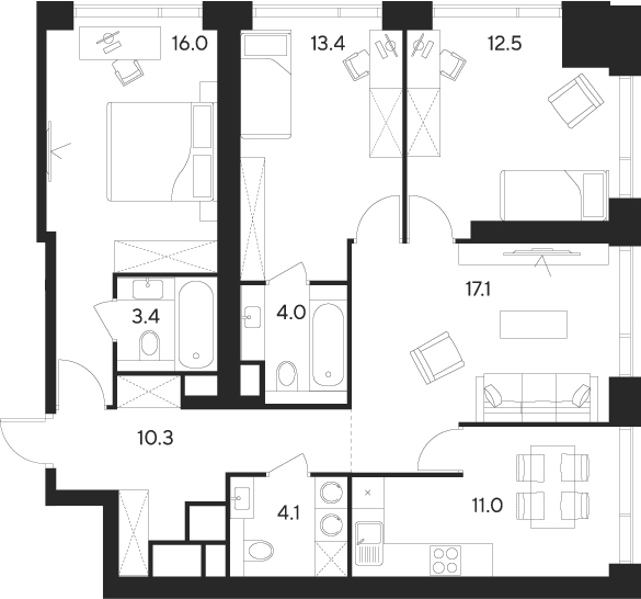 Планировка четырёхкомнатная 91.8 м² в ЖК «Инди Тауэрз от Аквилон», корпус D1