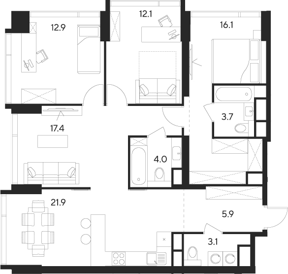 Планировка 5Е-к.кв 97.1 м² в ЖК «Инди Тауэрз от Аквилон», корпус D2