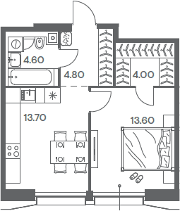 Планировка однокомнатная 40.7 м² в ЖК «Инджой», корпус 1