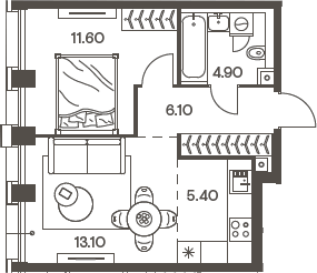 Планировка евродвушка (2Е) 41.1 м² в ЖК «Инджой», корпус 1