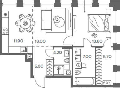 Планировка евродвушка (2Е) 60.7 м² в ЖК «Инджой», корпус 1