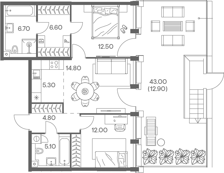 Планировка евротрёшка (3Е) 80.7 м² в ЖК «Инджой», корпус 1