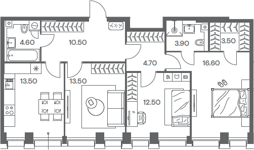 Планировка трёхкомнатная 83.3 м² в ЖК «Инджой», корпус 1