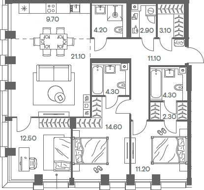 Планировка евро-4 (4Е) 101.3 м² в ЖК «Инджой», корпус 1