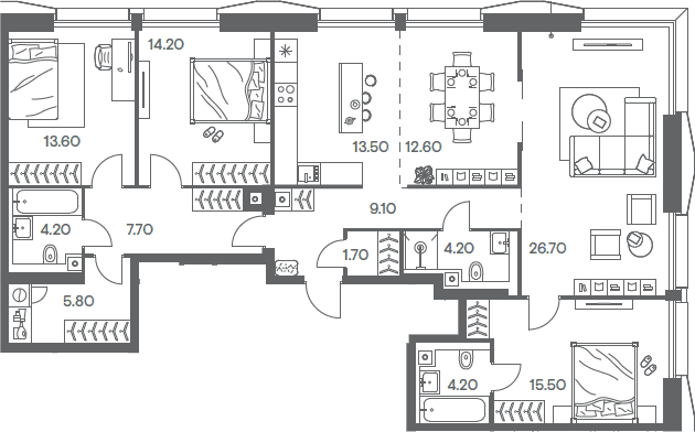 Планировка 5Е-к.кв 133 м² в ЖК «Инджой», корпус 1