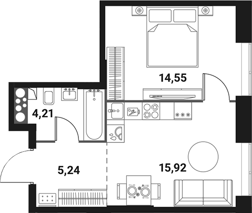 Планировка евродвушка (2Е) 39.92 м² в ЖК «Инноватор», корпус A