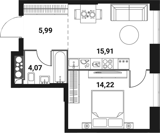 Планировка евродвушка (2Е) 40.19 м² в ЖК «Инноватор», корпус A
