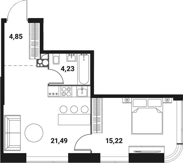 Планировка евродвушка (2Е) 45.7 м² в ЖК «Инноватор», корпус A