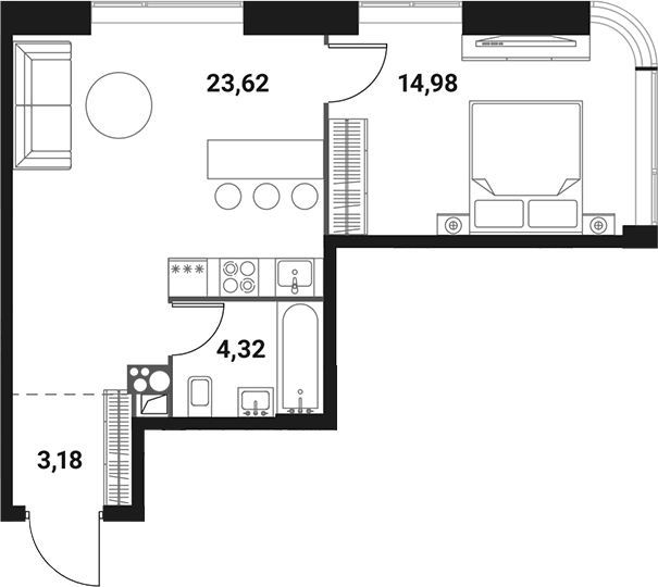 Планировка евродвушка (2Е) 45.8 м² в ЖК «Инноватор», корпус A