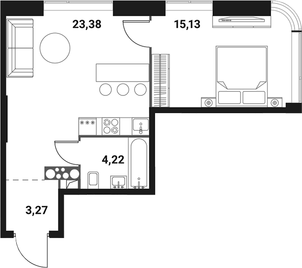 Планировка евродвушка (2Е) 46 м² в ЖК «Инноватор», корпус A