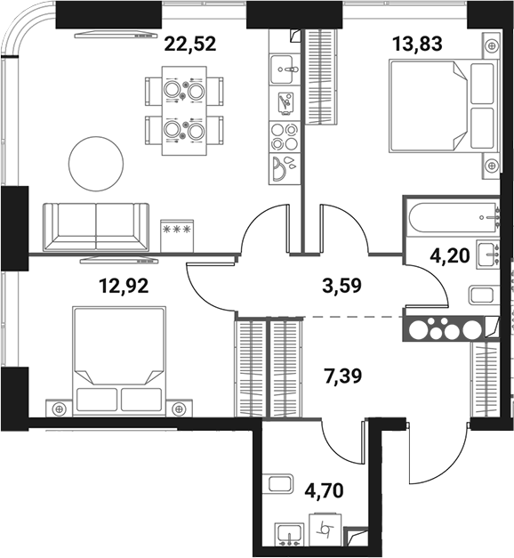 Планировка евротрёшка (3Е) 69.15 м² в ЖК «Инноватор», корпус A