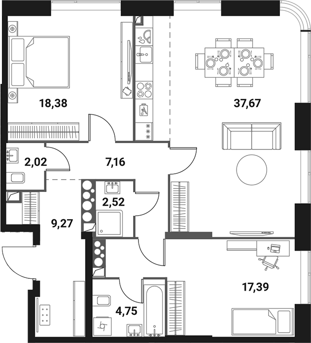 Планировка евротрёшка (3Е) 99.16 м² в ЖК «Инноватор», корпус B
