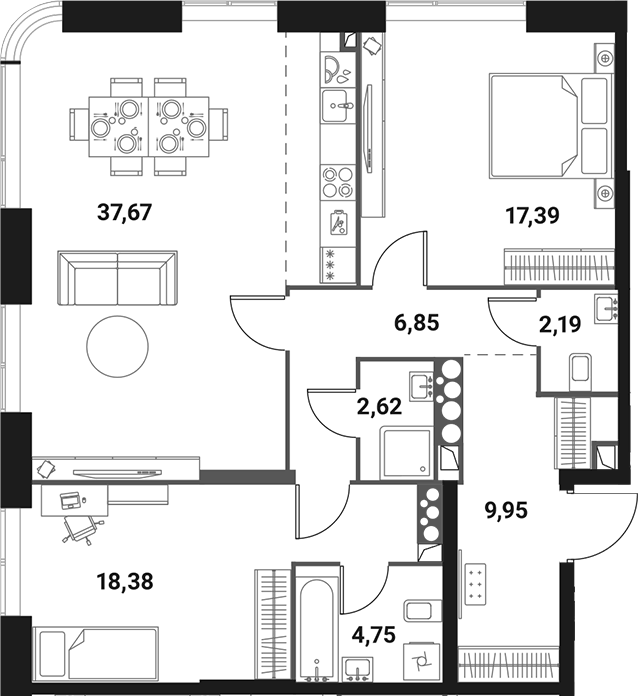 Планировка евротрёшка (3Е) 99.8 м² в ЖК «Инноватор», корпус B