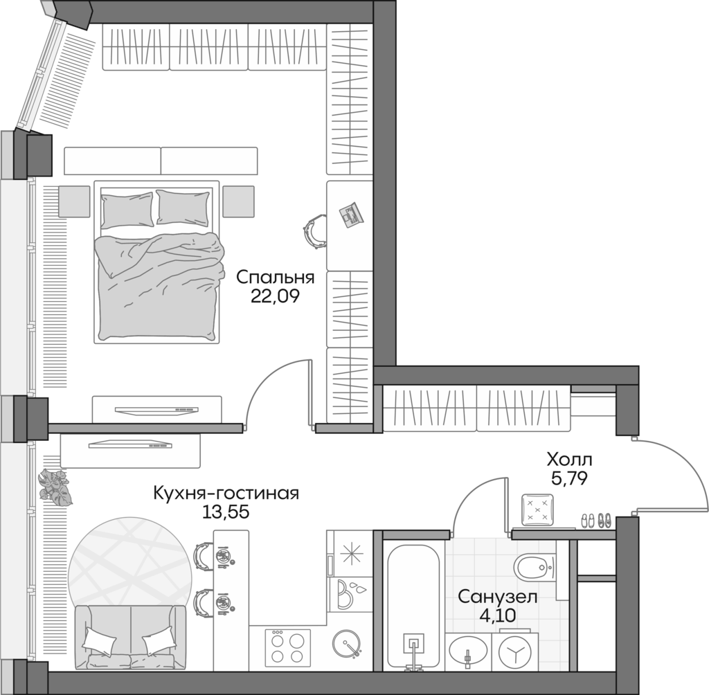 Планировка евродвушка (2Е) 44.1 м² в ЖК «Инсайдер», корпус 2