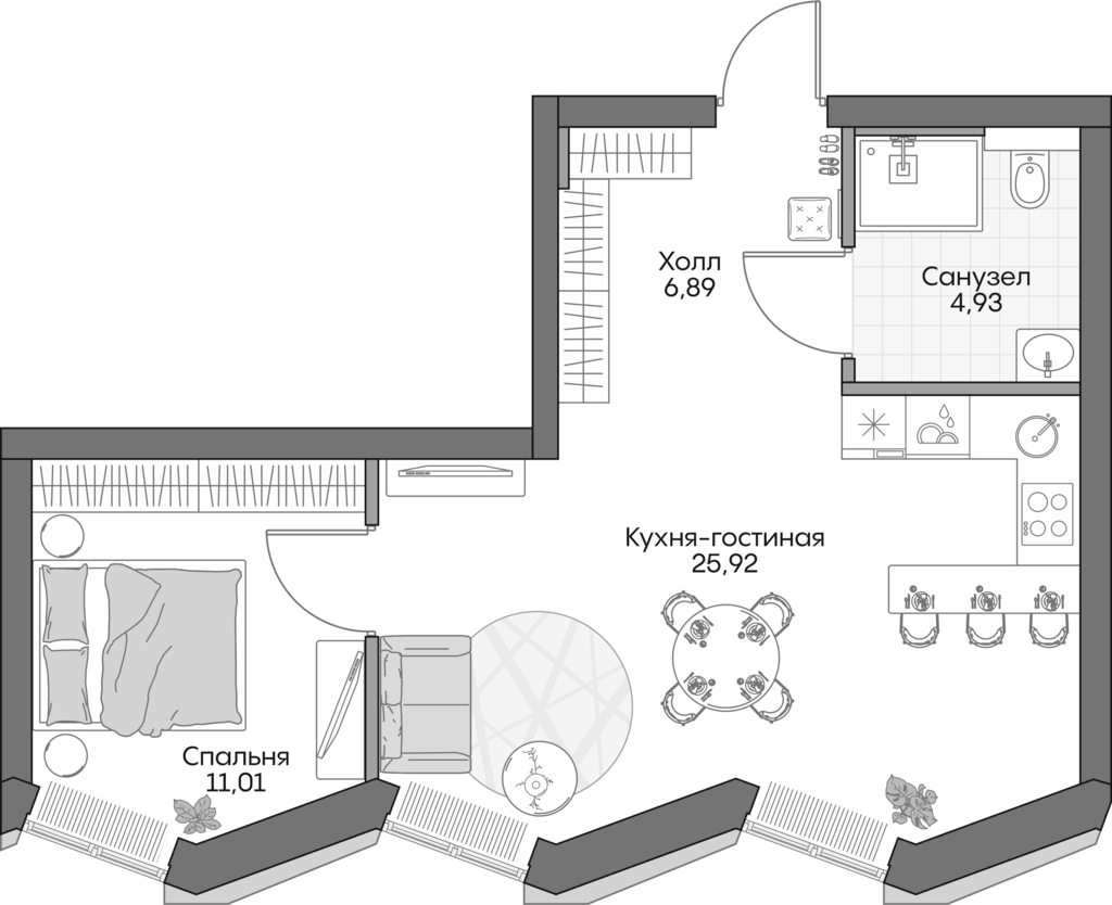 Планировка евродвушка (2Е) 47.2 м² в ЖК «Инсайдер», корпус 1