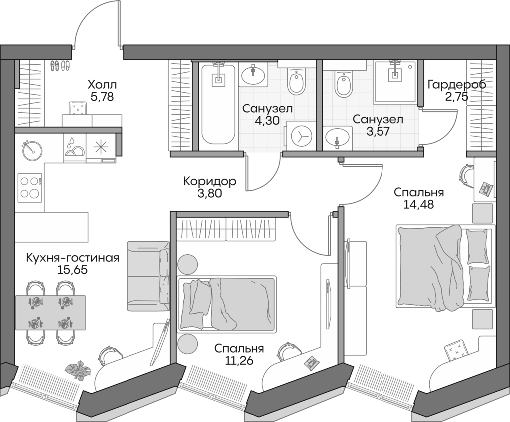 Планировка евротрёшка (3Е) 60.5 м² в ЖК «Инсайдер», корпус 1