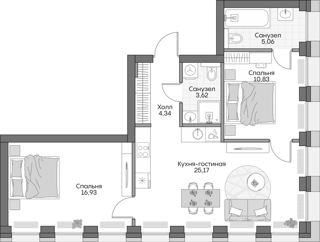 Планировка евротрёшка (3Е) 61.7 м² в ЖК «Инсайдер», корпус 3