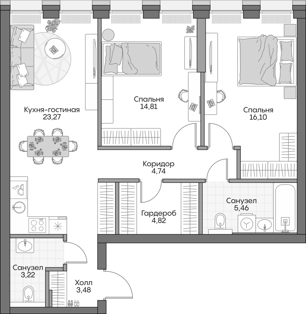 Планировка евротрёшка (3Е) 74.8 м² в ЖК «Инсайдер», корпус 1