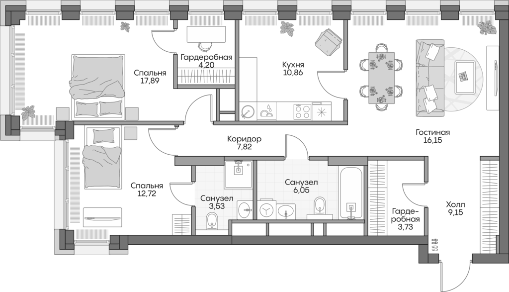 Планировка трёхкомнатная 89.5 м² в ЖК «Инсайдер», корпус 1